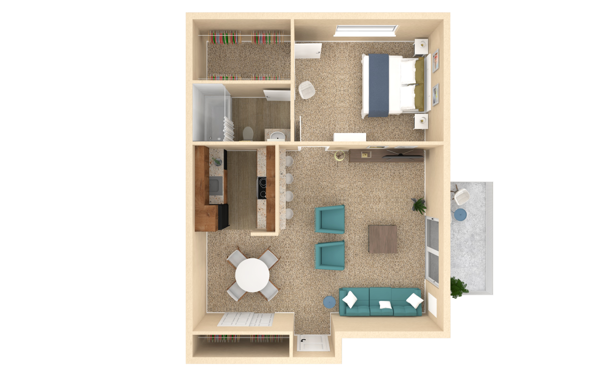 Floor plan for 1 bed, 1 bath, 740 sqft